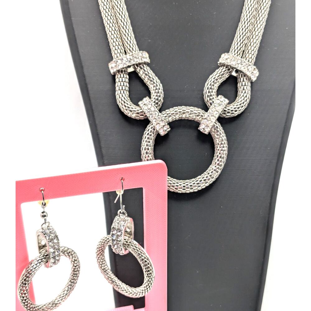 Silver Tone Mesh Chain Circle Rhinestone Necklace Earrings Set Statement 16 in